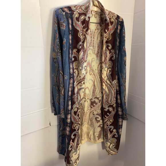 Chico’s 1P Petite Open Front Cardigan Sweater Jacket Boho Paisley Duster Cardiga - Picture 1 of 12